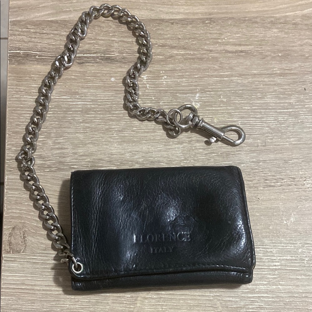 Vintage Florence Italy Black Leather Men's Zippered Wallet with Chain